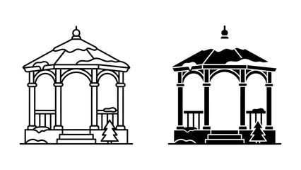 Winter Gazebo Duo: A charming gazebo, adorned with snow, stands against a backdrop of winter's embrace. This set includes both a line art and a silhouette version for versatile design applications. © afrin