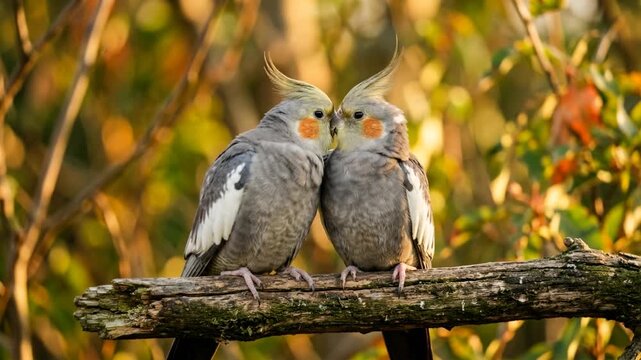 two cockatiel birds on branch in australian woodland golden light close up video