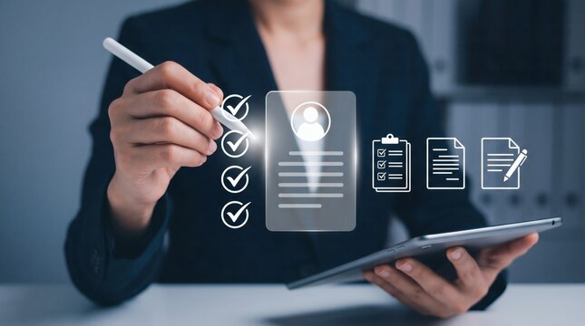 Recruitment Process Concept. HR professional reviewing digital hiring documents and compliance checklist, symbolizing recruitment workflow and employee onboarding.
