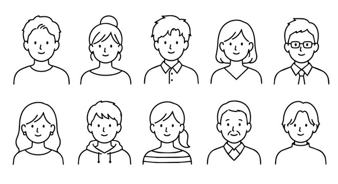 人物 正面｜男女・世代別プロフィールアイコン・シンプルな線画イラスト素材 |  Icons Line Art Set Vector