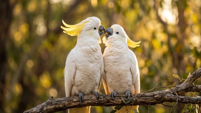 two cockatoo birds on eucalyptus tree in australia golden light close up video