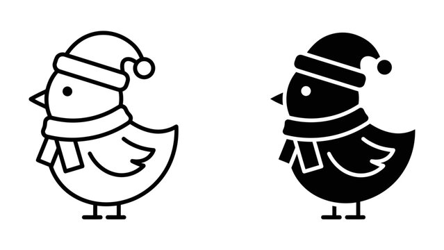 Cute Christmas Chick Icon: A charming cartoon chick wearing a Santa hat and a striped scarf, presented in both outline and silhouette versions for versatile design use.