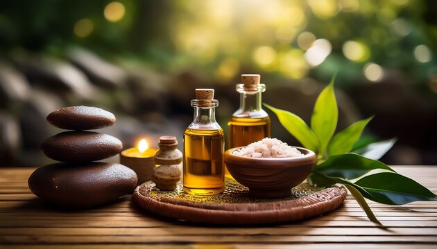 Ayurvedic Spa Setup Herbal Oils Stones Relaxation Wellness Realistic Still Life