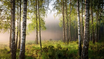 Fototapeta premium Tranquil Forest Scene With Birch Trees And Soft Fog In Morning Light
