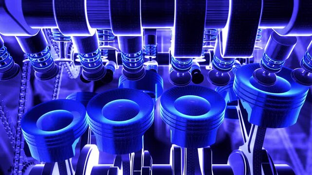 Finger pushes start button activating powerful 3D V8 engine. Valves, pistons and crankshaft in motion.