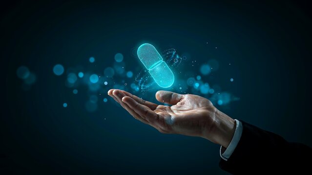 Glowing digital capsule above open hand with futuristic healthcare technology concept