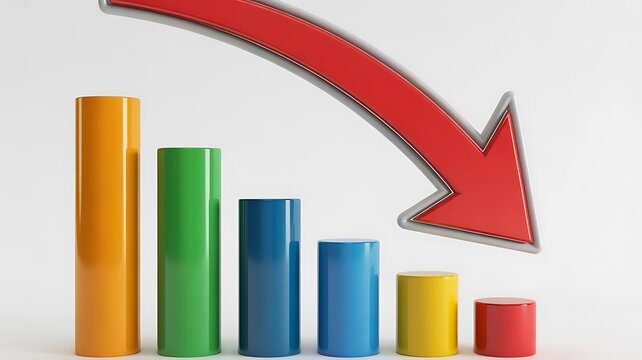 Colorful bar chart with red downward arrow showing business decline financial loss and negative market trend