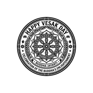 Happy Vesak Day celebration of Buddhas enlightenment, Dharma wheel emblem.
