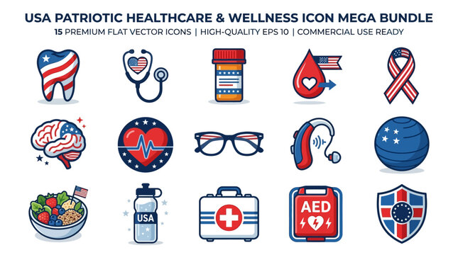 American healthcare icons depict medical symbols and wellness concepts on white background