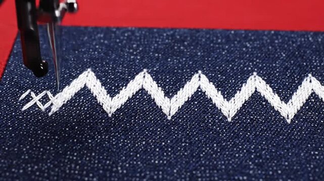 Sewing machine needle stitching white zigzag pattern on blue denim fabric close up.
