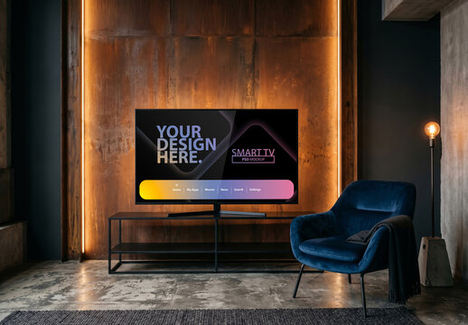 Smart Tv Mockup on metal console near rust wall with led light