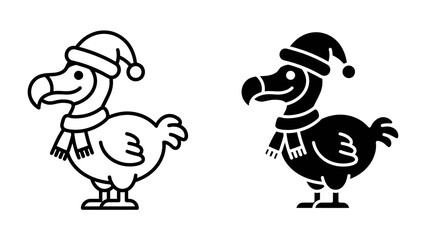 Dodo Bird in Winter Attire: A cute stylized illustration of a dodo bird wearing a festive Santa hat and a striped scarf, perfect for holiday themes. © babuni