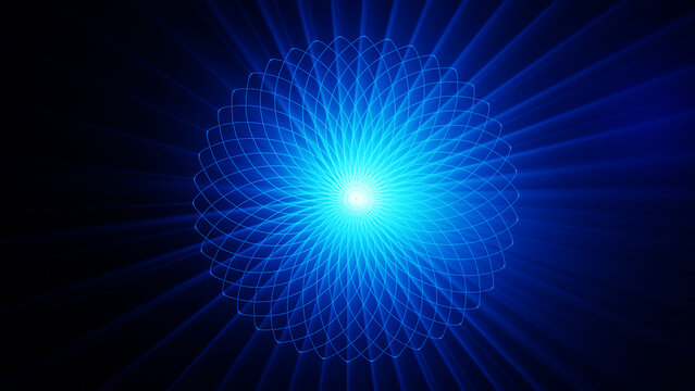 Blue neon mandala with light rays on black background