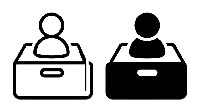 Two simple icons of a person in a box, one in outline and one in solid black, represent individuality and containment, or perhaps a job position or role.