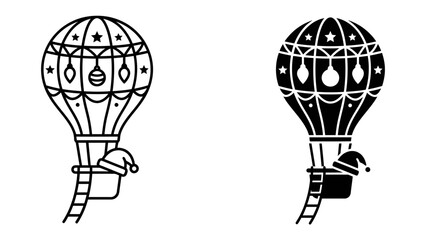 Festive Hot Air Balloons: Two stylized hot air balloons, one outlined and one in silhouette, are adorned with festive Christmas ornaments and topped with a Santa hat. © afrin