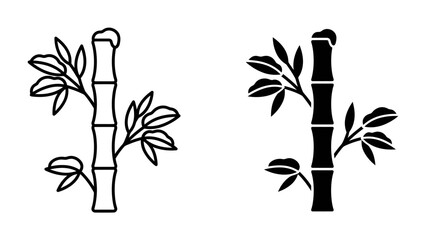 Bamboo Stalks: Two stylized illustrations of a bamboo stalk with leaves, one in outline and the other in solid black. © babuni