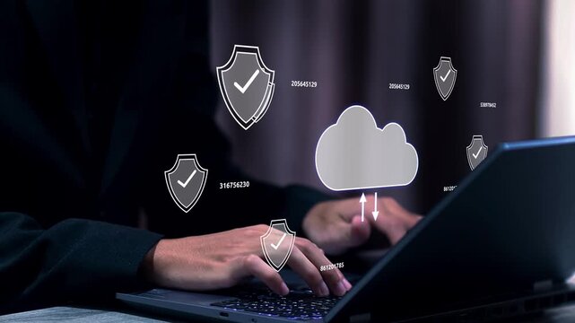 Cloud security technology with secure cloud storage, encrypted data transfer, cloud computing, backup protection, cybersecurity, digital infrastructure, and enterprise network security concept.