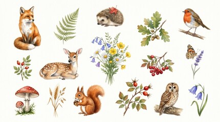 Obraz premium Whimsical Forest Wildlife and Flowers Watercolor Illustration