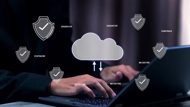 Cloud security technology with secure cloud storage, encrypted data transfer, cloud computing, backup protection, cybersecurity, digital infrastructure, and enterprise network security concept.