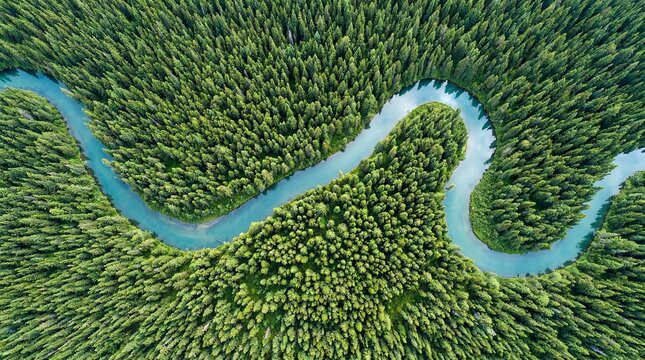 winding river green forest landscape travel nature wilderness scenic aerial curving blue water through dense trees creates a serene wilderness pattern for eco tourism campaigns and nature background