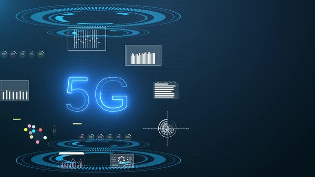 Motion graphic of 5G network HUD interface with wireless connectivity dashboard, rotating data rings, and futuristic telecom analytics for technology.