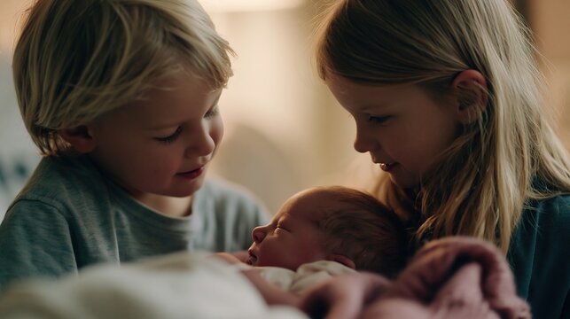 Two young siblings gazing tenderly at their newborn baby brother, sharing a warm and loving family moment.