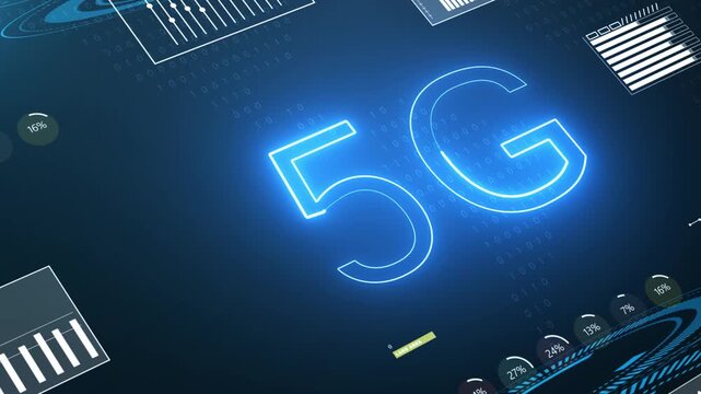 Motion graphic of 5G network HUD interface with wireless connectivity dashboard, rotating data rings, and futuristic telecom analytics for technology.