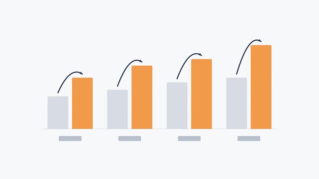 Animated comparative bar chart with grey and orange columns featuring rising curved arrow indicators on a white background. Concept of year-on-year business growth and performance comparison.