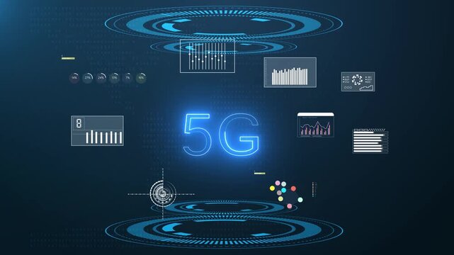 Motion graphic of 5G network HUD interface with wireless connectivity dashboard, rotating data rings, and futuristic telecom analytics for technology.