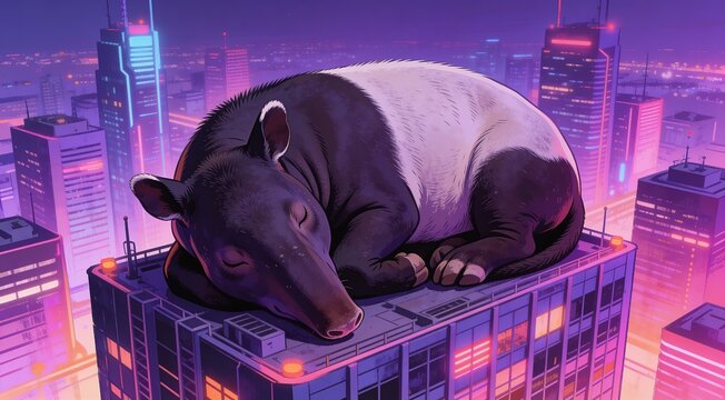 A giant tapir napping on top of a futuristic neon city skyscraper with bla, bla, bla delightfully absurd surrealism and humorous dreamlike aesthetics