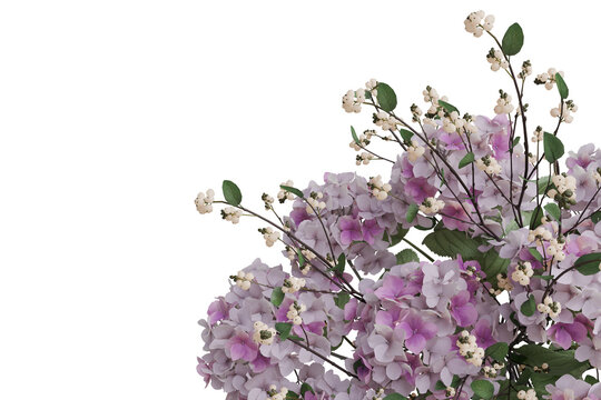 elegant corner composition featuring blooming pink and purple hydrangeas mixed with delicate white snowberry stems and green leaves