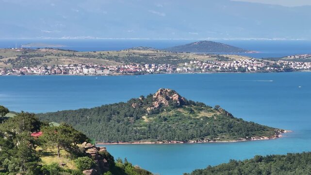 Sweeping panoramic view of the aegean sea and coastal islands from Devil's Table in Ayvalik, Turkey, oe01