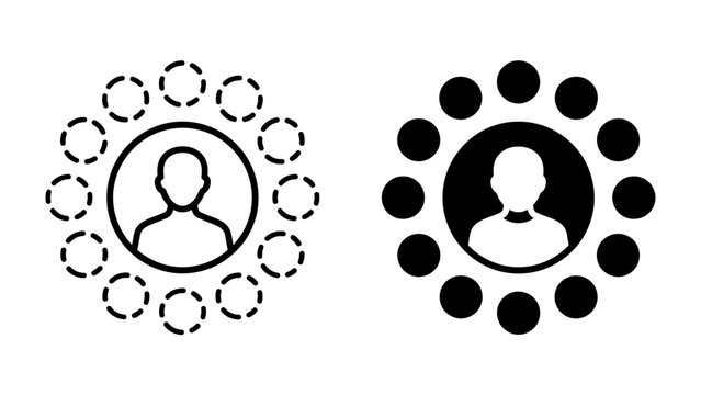 User network representation: Two stylized icons depict a central figure surrounded by a network of connections, symbolizing community, organization, and digital interaction.