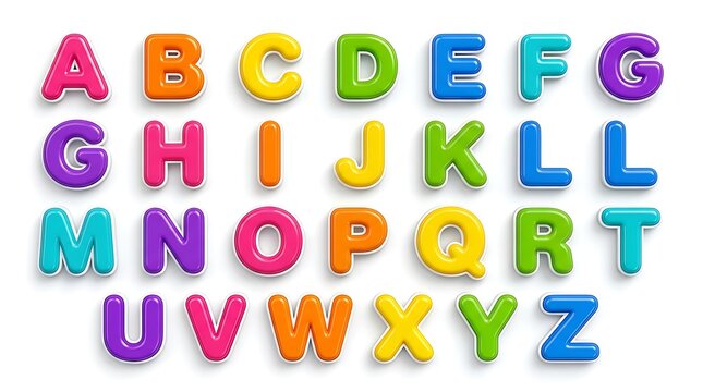 Colorful plastic alphabet magnets for kids, vibrant 3D toy letters on white background, educational preschool learning tools, magnetic abc set