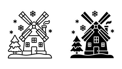 Winter Windmill Scene: A charming windmill stands amidst a snowy landscape, with a lone pine tree and falling snowflakes creating a picturesque winter scene. The dual representation. © Ajm