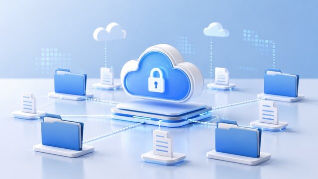 3D blue cloud with padlock connected to folders and documents, illustrating secure cloud storage, encrypted backup and networked data protection