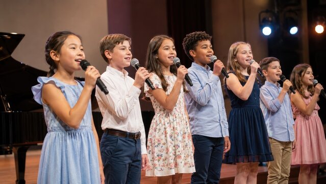 Diverse group of children singing on stage with microphones during a school or youth choir performance