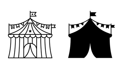 Circus Tent Icon: Two stylized circus tents, one in outline and one in silhouette, feature colorful bunting and flags, representing fun and entertainment. © akash