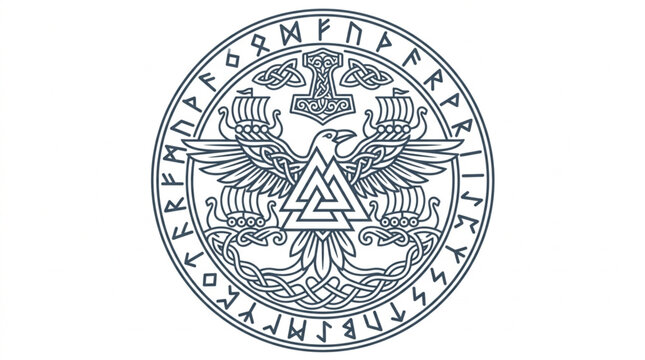 Viking Symbol with Eagle Thor Hammer and Runes.
