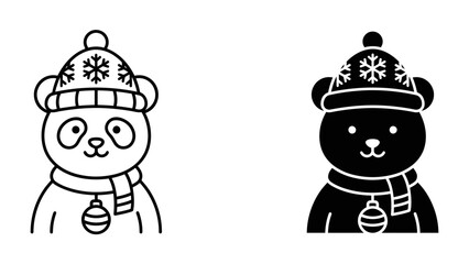 Fototapeta premium Cute Winter Characters: A charming black and white illustration featuring two adorable animal heads, a panda and a bear, both adorned with festive winter hats and scarves.