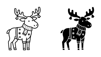 Christmas Reindeer Icon: A festive reindeer dressed in a holiday sweater and scarf, adorned with bells, presented in both outline and solid silhouette for versatile design use. © akash