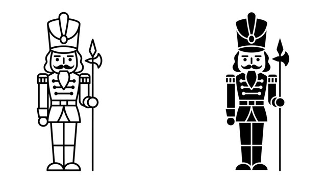 Nutcracker Soldier Icon: A regal nutcracker soldier depicted in two iconic styles, a detailed outline and a bold silhouette, holding a spear, ready for festive duty.