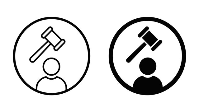 Legal Iconography: A set of minimalist icons representing legal authority, featuring a gavel positioned above a human silhouette within a circle, symbolizing justice and judgment.