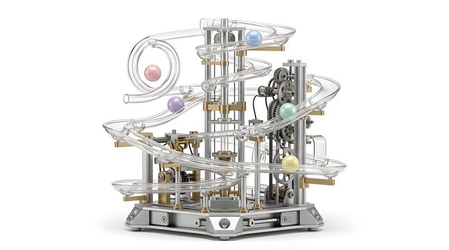 Marble run toy with colorful balls on metal tracks