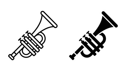 Trumpet Icons: A set of vector icons featuring a trumpet in both outline and solid black, representing musical instruments. © muntahna