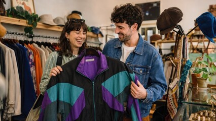 Obraz premium Couple happily shopping in a vintage clothing store, holding a colorful retro windbreaker jacket with purple and teal color blocks