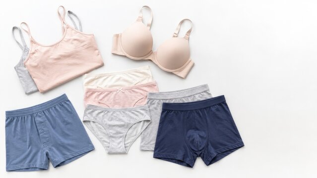Flat lay of assorted bras, bralettes, panties and boxer shorts in pastel and neutral tones