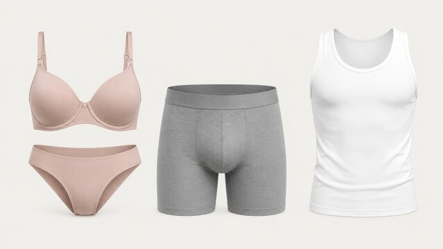 Flat-lay display of everyday underwear: beige bra and panties, gray men's boxer briefs and a white tank top