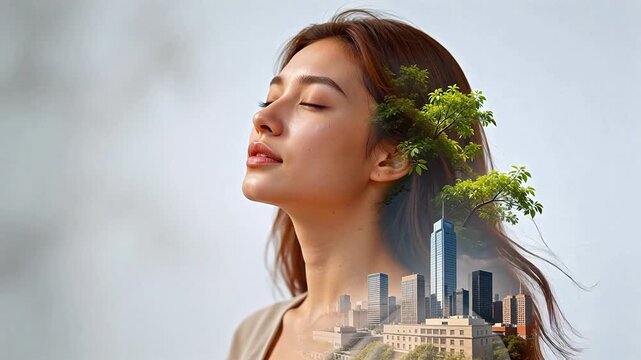 Woman with tree and cityscape