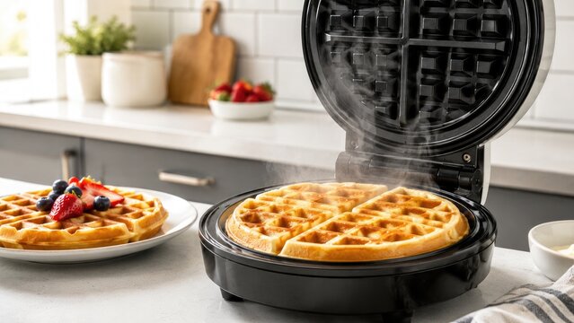 Steaming golden Belgian waffles in an open waffle maker with a plated waffle topped with strawberries and blueberries on a modern kitchen counter
